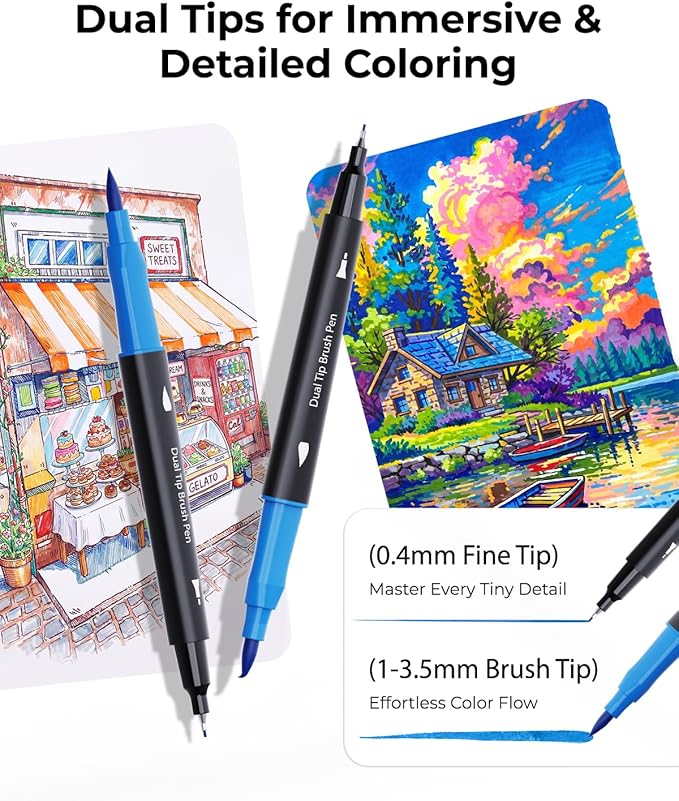 JusArt Markers for Adult Coloring Books No Bleeding, 60 Colors Coloring Markers with Dual Tips, Fine & Brush Pens with Ergonomic Triangle Grip & 33% More Ink, Water-Based Art Drawing Set for Adults