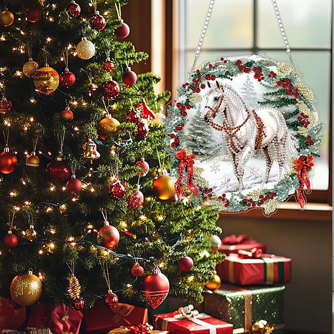 SENQAO Horse Diamond Art Hanging Kits for Adults Kids, Christmas Diamond Art Suncatchers, 5D Special Shape Diamond Painting Pendant Window Ornament Gifts for Home Garden Door Wall Decor