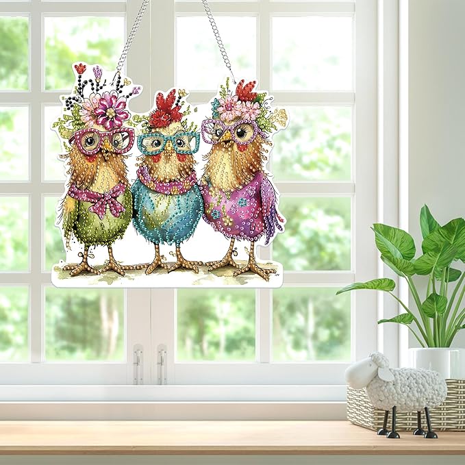 Bowetile Hanging Diamond Art Chicken Kits for Adults, 5D Special Shape Diamond Painting Chicken Kits, Animal Diamond Gem Art Suncatchers Painting Pendant Ornament for Home Garden Wall Decor