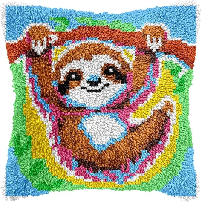 veirousa Cute Sloth Latch Hook Kits for Adults Kids Beginners Animals Flowers Latch Hook Pillow Kit Pre-Printed Latch Hook Rug Kits Cross-Stitch Embroidery Cushion for Home Sofa Decoration 17x17 in.