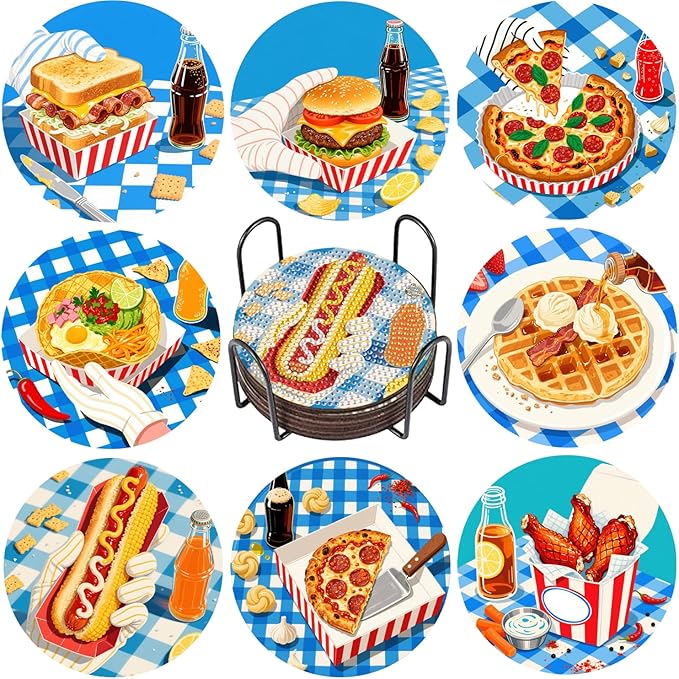 8 Pcs Delicious Food Diamond Art Coaster Kits with Holder,Diamond Painting Coasters for Adults Beginners,Party Home Decor Abstract,Fun Gifts for Women