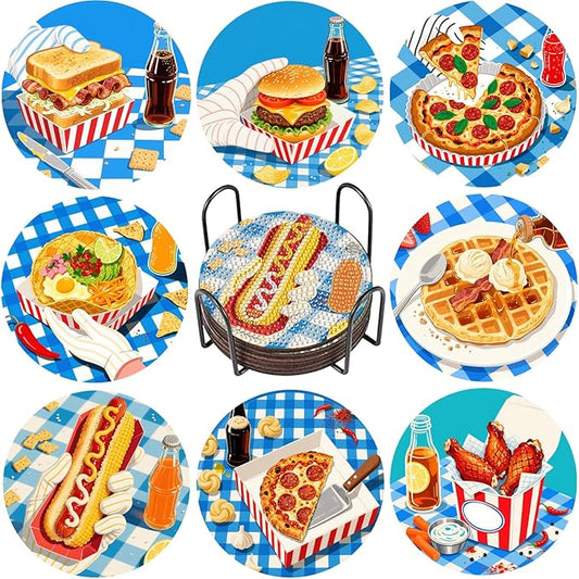 8 Pcs Delicious Food Diamond Art Coaster Kits with Holder,Diamond Painting Coasters for Adults Beginners,Party Home Decor Abstract,Fun Gifts for Women