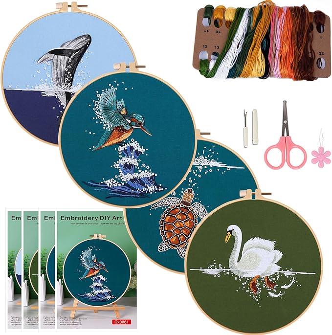 COCOMOX 4 Sets Embroidery Kit for Beginners, Hand Embroidery Stiches Practice Kit for Adults, Dolphin Swan Turtle Hummingbird Pattern Embroidery Kit, Craft Hand Stitch DIY Kit