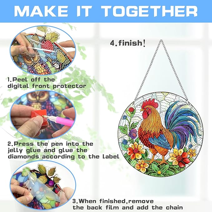 VAIIEYO Rooster Diamond Art Hanging Ornament, Animal Diamond Painting Suncatchers Window Hanging Kit with Chain, 7.5x7.5 inch Crystal Pendant Art Craft for Gift Home Wall Front Door Decoration
