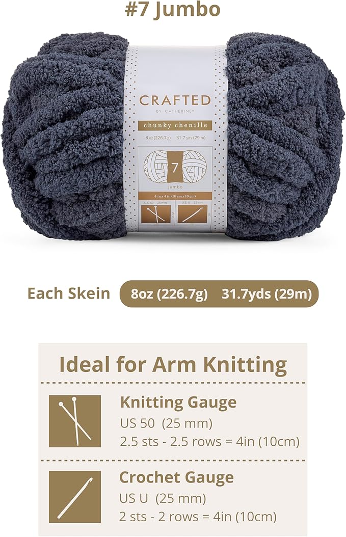 Crafted By Catherine Chunky Chenille Yarn - 8 Pack (8 oz / 227 g, 31.7 Yards Each Skein), Dark Grey, Gauge 7 Jumbo