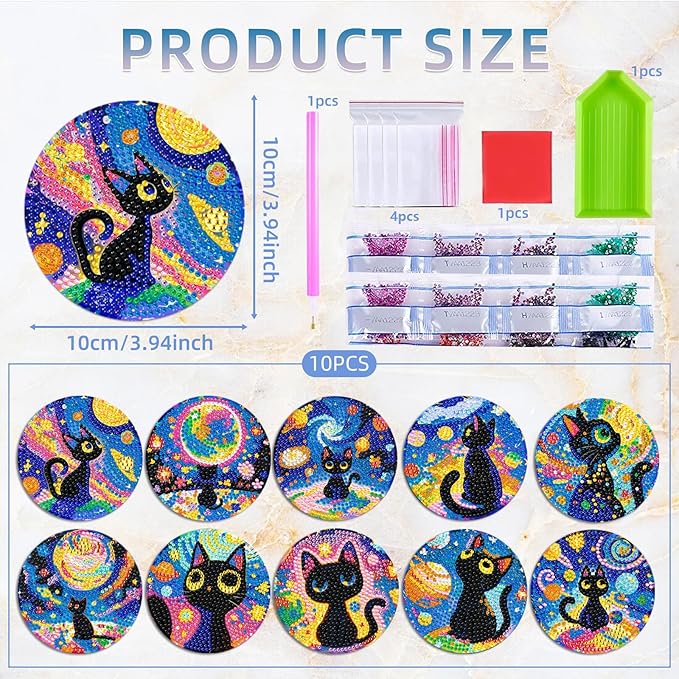 10 PCS Diamond Art Coasters Kit, Small Diamond Painting Coasters, Fall Diamond Art Kits for Adults Beginners, Arts and Crafts Supplies Item Sets with Holder Black Cat