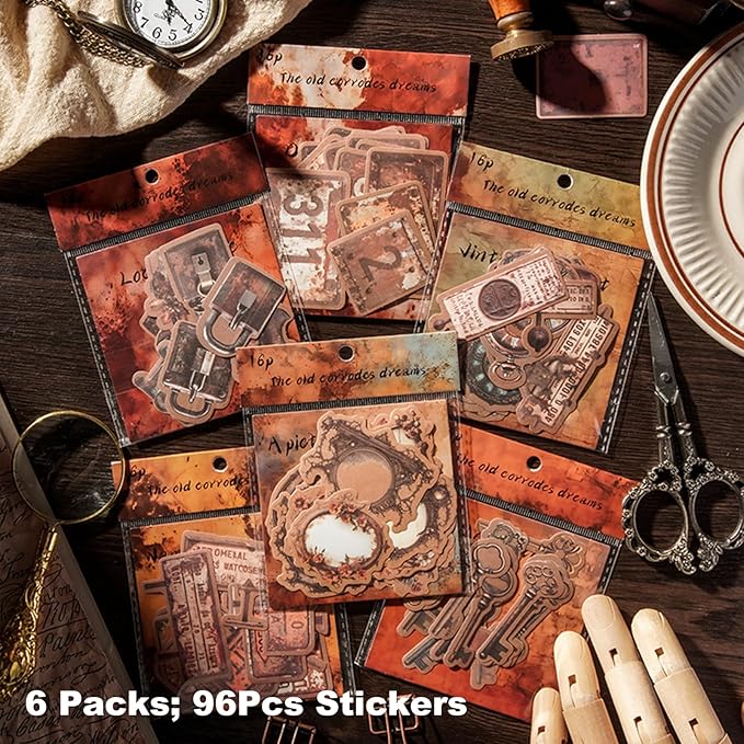 Vintage Kraft Paper Sticker Set, 96PCS Retro Scrapbook Supplies for Journaling and Crafts, Includes Keys, Padlocks, Signs, Labels, Frames, Number Plates