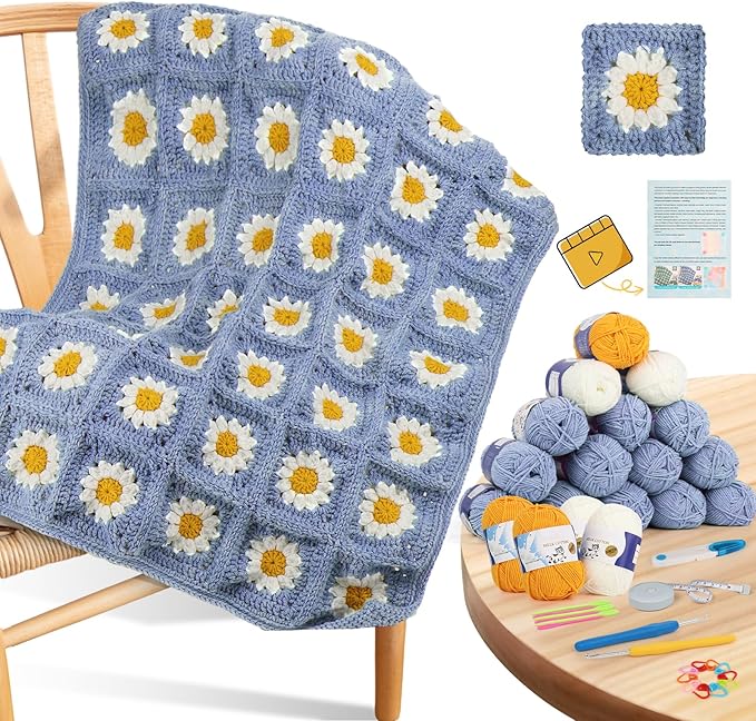 Coopay Crochet Kit Beginners for Blanket, Granny Squares Crochet Blanket Kit w Instructions & Enough Yarn, Complete Crocheting Starter Set - Easy to Learn for Adults (Blue-Purple)