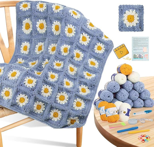 Coopay Crochet Kit Beginners for Blanket, Granny Squares Crochet Blanket Kit w Instructions & Enough Yarn, Complete Crocheting Starter Set - Easy to Learn for Adults (Blue-Purple)