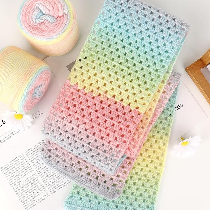 Katech Ombré Yarn for Crocheting-Gradient Cake Yarn-4x100g 60% Cotton 30% Acrylic 11% Wool-Multicolor Soft Rainbow Cotton Crochet Yarn for Scarves, Shawls, Blankets and Garments(P)