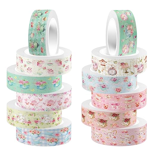 12 Rolls Tea Party Washi Tape, Afternoon Tea Decorative Tape for Scrapbooking Bullet Journals Planners, Party Decorations, DIY Crafts Gift Wrapping, 16.4FT