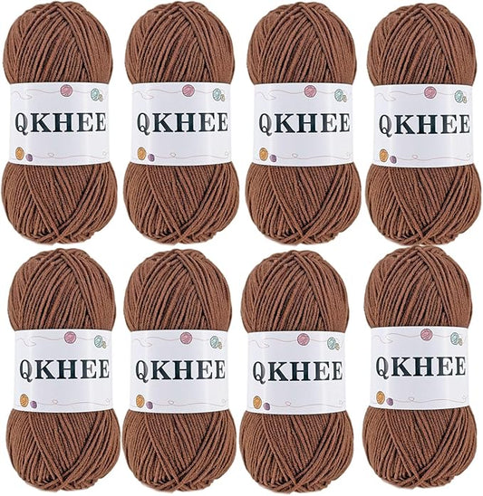 QKHEEYarn for Crocheting and Knitting 8 * 1.76 Oz (50G) /195yd,Fine/Fingering Weight (1), 60% Cotton 40% Acrylic Soft Yarn kit for Making Granny Squares and amigurumi (34#Coffee)