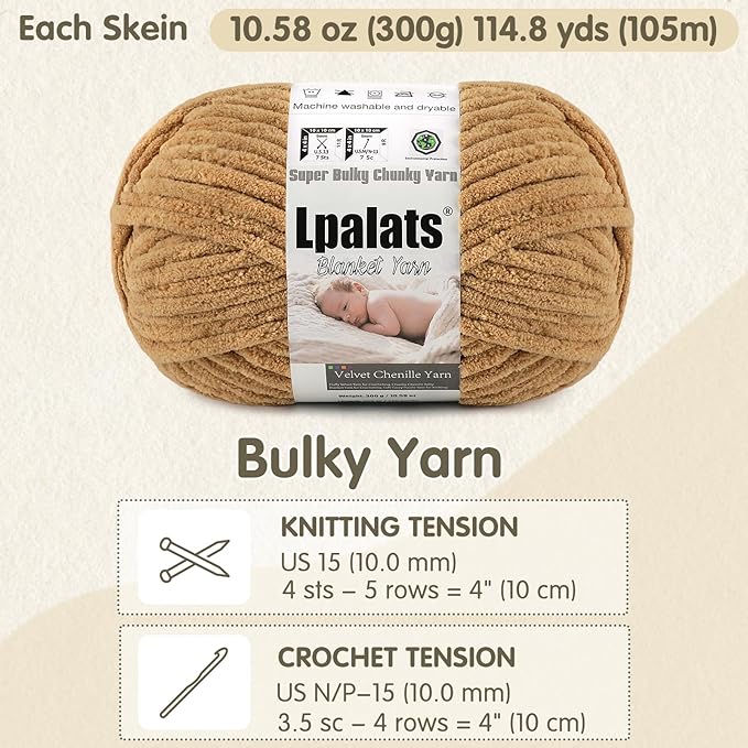 Baby Blanket Yarn for Crocheting - 1 Pack of 300g/10.6oz Super Fluffy Chunky Chenille Yarn for Hand Knitting, 115 yds Super Bulky Plush Yarn for Cozy Blankets and Amigurumi (1, Curry)