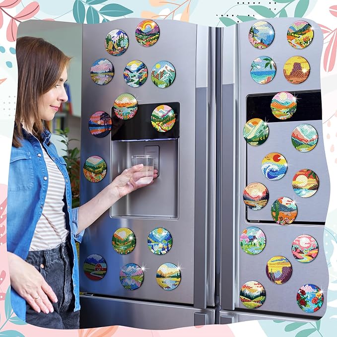 30 Pcs Magnetic Diamond Art Painting Landscape Magnets Fridge Diamond Art Painting Kits Sticker Magnet DIY Craft for Adult Beginner Souvenir Gift Office Home Decor