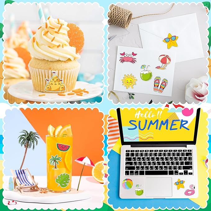 beyumi summer beach roll stickers - 1000pcs summer beach stickers in 2 rolls waterproof vinyl cute drawing style decals for phone laptop water bottle notebook luggage computer envelope decor