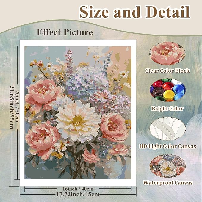 HMZephitiquc Paint by Numbers Kit for Adults Flowers, Flower Paint by Number for Adults, Flowers Painting by Numbers, Acrylic Oil DIY Crafts for Gift Home Decor 16x20 in
