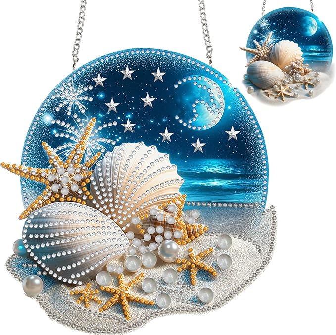 Zariocy Hanging Diamond Art Ornament Shells Kits for Adults – Special Crystal Double Sided Pendant, DIY Seaside Scenery Diamond Painting Acrylic Board Window Pendants Home Wall Hanging Decor 8x8 inch