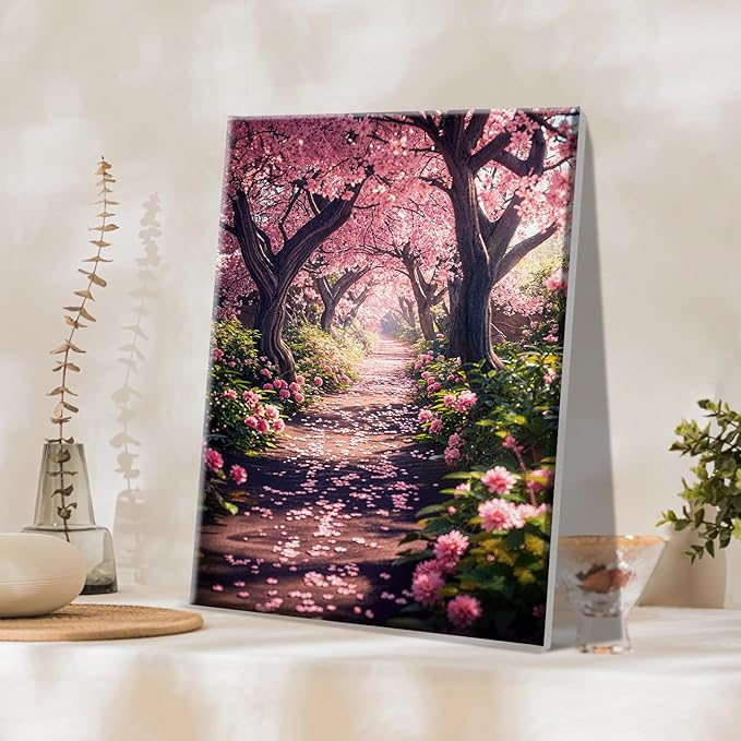 JOOZ Paint by Numbers Kit for Adults Landscape Paint by Number with Frame DIY Cherry Blossom Paint by Number with Easel Flowers Paint by Numbers Kit on Canvas for Gift Home Wall Decor 7.87x11.81 Inch