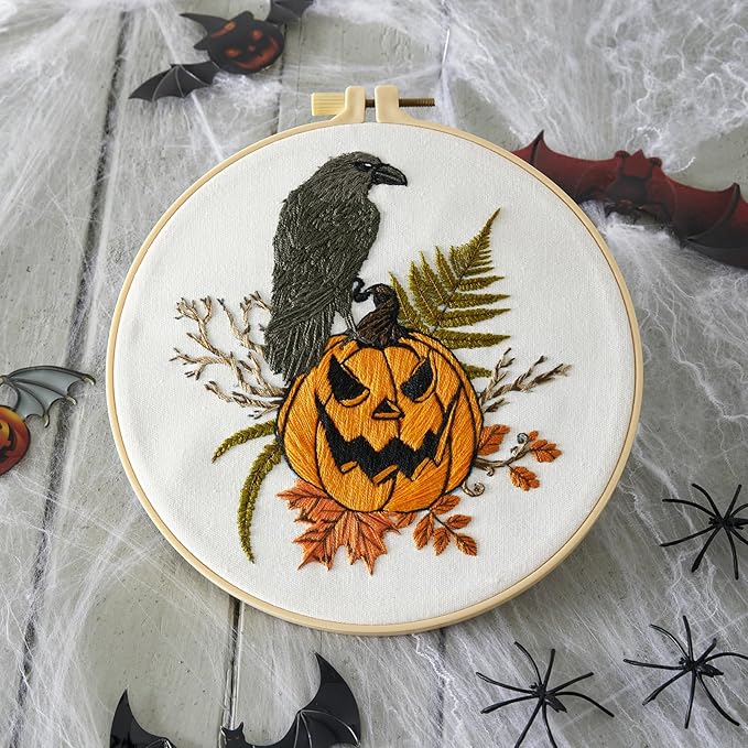Crafmanoe Halloween Embroidery Starter Kits for Beginners Adults, Fall Pumpkin Stamped Cross Stitch Kits for Beginners Adults, Crow Gothic Embroidery Needlepoint Kits, Hoops, Fabric and Video Tutorial