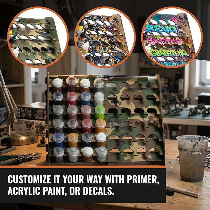 Wall Paint Rack Organizer for Miniatures & Modeling, Vertical Paint Stand with 33mm Pot Holes + Top Brush/Tool Holder, Compatible with Citadel (33mm)