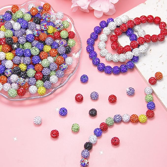 200 Pcs 10mm Rhinestone Beads for Jewelry Making, Rainbow Shiny Round Shamballa Disco Baseball Necklace Beads Sparkle Crystal Clay Pave Rhinestones Bead for Bracelet Earring Keychain Making Supplies