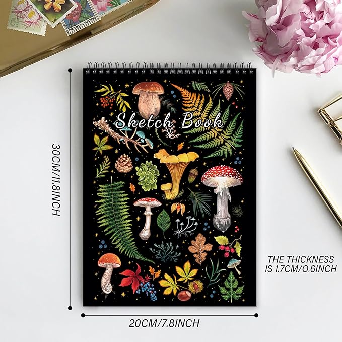 Sketchbook Top Spiral Bound Sketch Pad, 9 x 12 inch,100GSM Thick Paper,50 Sheets 100 Pages,Art Sketch Book Aesthetic Cute Drawing Writing Paper for Girls Women-Mushroom