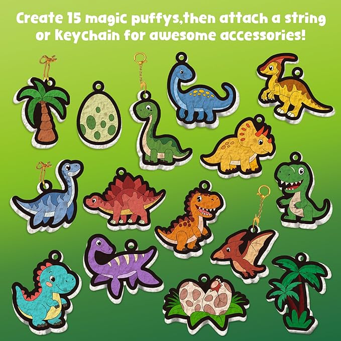 MZYTOZA 3D Art Kit Aqua Magic Puffs Dinosaur - Double-Sided, 15 Mess-Free Paint by Number Craft for Kids, Christmas Gift Idea & Stocking Stuffer, Art Projects with Puff Markers