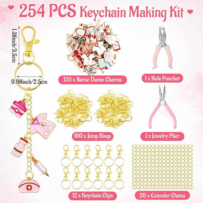 254 Pcs Medical Nurse Lip Gloss Keychain Charms Making Kit Include Assorted Stethoscope Enamel Charms Keychain Clips Extender Chains Jump Ring Plier DIY Jewelry Craft Gifts for Women Adults
