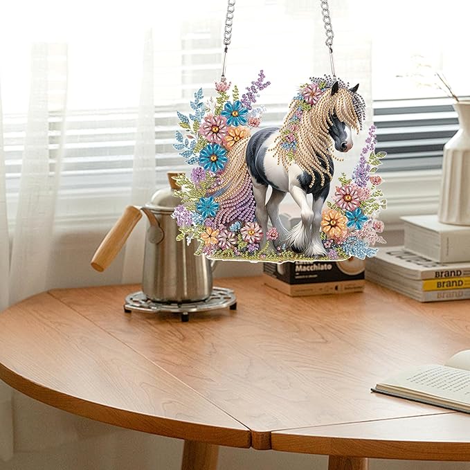 JZHYOAN Horse Diamond Painting Arts Hanging Kit Acrylic Ornaments Craft Kits Crystal Art Pendant Wind Chimes with Diamonds Diamond Art Window Pendants Home Garden Wall Hanging Kits
