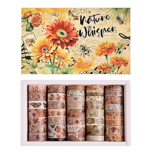 Natural Washi Tape Set, 42 Rolls - Floral, Butterfly, Bee, Botanical,Letter, Vintage Writable Scrapbooking Tapes for Journaling, Bullet Diaries, Card Making, Gift Wrapping, Aesthetic Craft Supplies