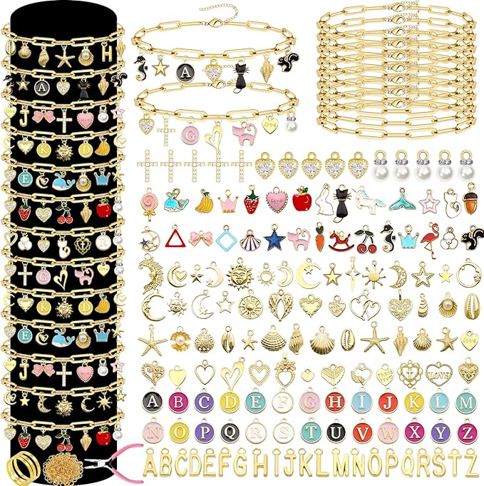HejVulkan 416 PCS Gold Charm Bracelet Making Kit with Paperclip Chain Bracelets, 153+ Enamel & Gold Charms, Make Your Own Charm Bracelet Kit, Easy Charm Bracelet Making Kit for Women