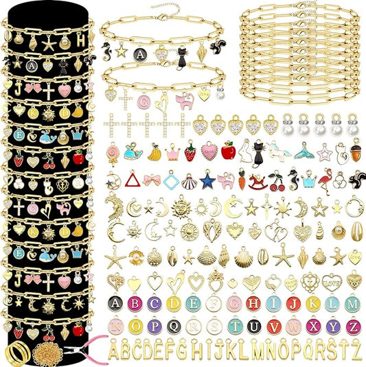 HejVulkan 416 PCS Gold Charm Bracelet Making Kit with Paperclip Chain Bracelets, 153+ Enamel & Gold Charms, Make Your Own Charm Bracelet Kit, Easy Charm Bracelet Making Kit for Women