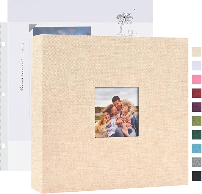 Mublalbum 8x8 Inch DIY Scrapbook Photo Album with 20 Plastic Sleeves 40 Pages Linen Cover 3 Ring Folder Binder for Wedding Baby Family and DIY Projects (Beige)
