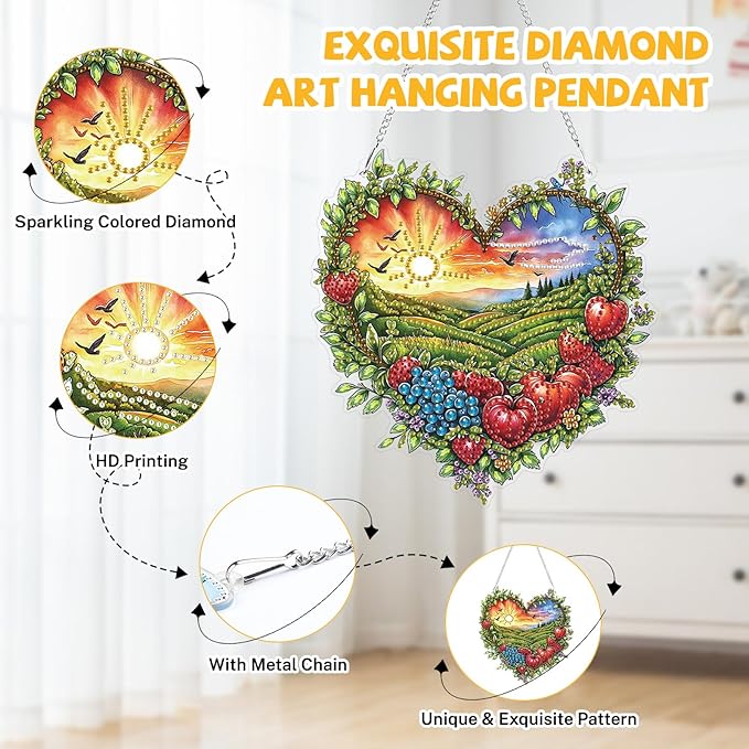 Bowetile Heart Shape Diamond Art Hanging Fruit Kits for Adults, 5D Special Shape Diamond Painting Landscape Window Pendant Kits, Gem Art Suncatchers Ornament for Home Garden Wall Decor