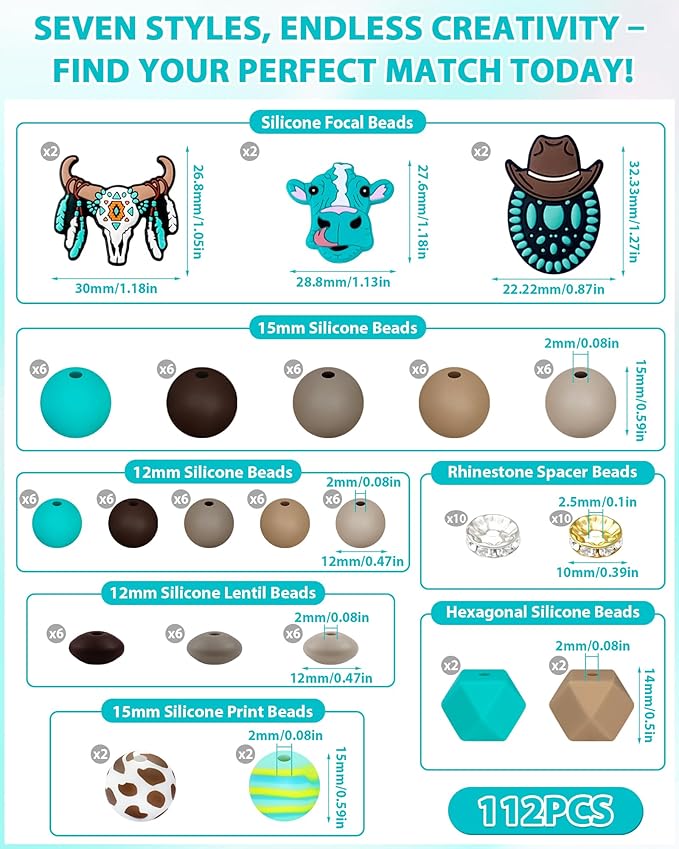 112PCS FIVEIZERO 12mm 15mm Cow Focal Silicone Beads for Keychain Making, Round, Lentil, Hexagonal, Print, 10mm Rhinestone Rondelle Spacers Beads for Bracelet, Pens, Necklace Crafts(Brown Green)