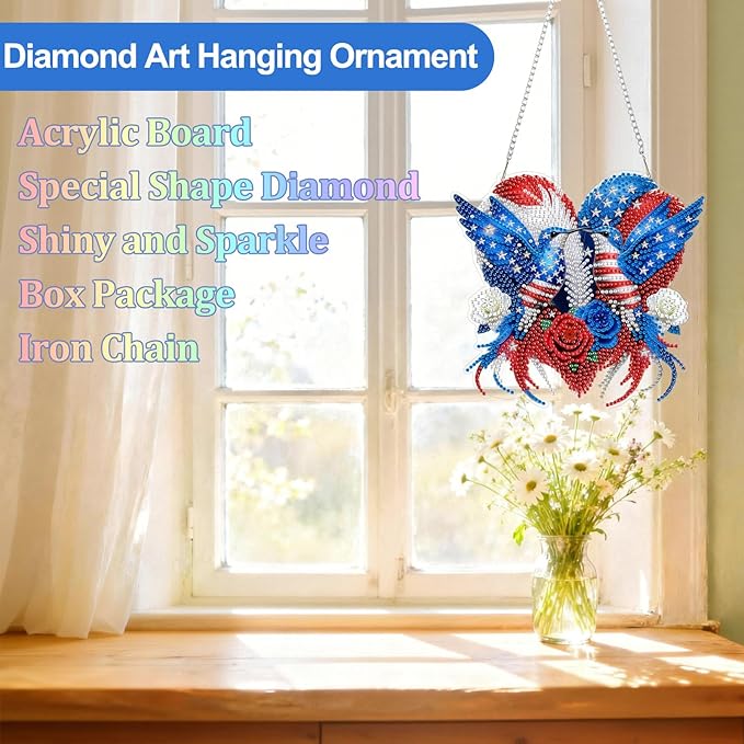CEOVR 4th of July Hanging Diamond Art for Adults, Independence Day Hummingbird Diamond Painting Pendant DIY Gem Art Wall Hanging Ornament, Acrylic Home Garden Decor with Chain, Box Kit 7.77×7.26inch
