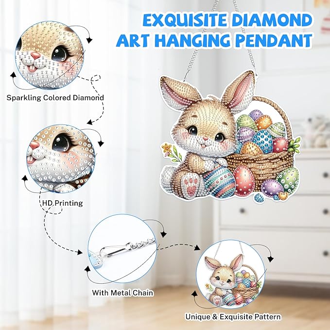 Bowetile Easter Hanging Diamond Art Kits for Adults Kids, 5D Special Shape Diamond Painting Rabbit Kits, Easter Diamond Gem Art Suncatchers Painting Pendant Home Decor, Gifts for Kids