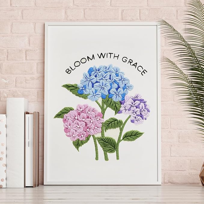 Nuberlic Hydrangea Embroidery Kits for Beginner Adults Cross Stitch Kit with Stamped Pattern Include Cloth Hoops Threads Needles