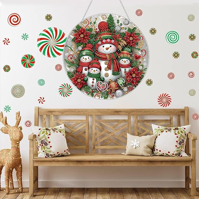Diamond Art Hanging Kits for Adult, Christmas Diamond Art Crafts Decor, 5D DIY Acrylic Diamond Art Painting Ornaments, Window Pendants Wall Hanging Kits for Home Garden (Snowman)