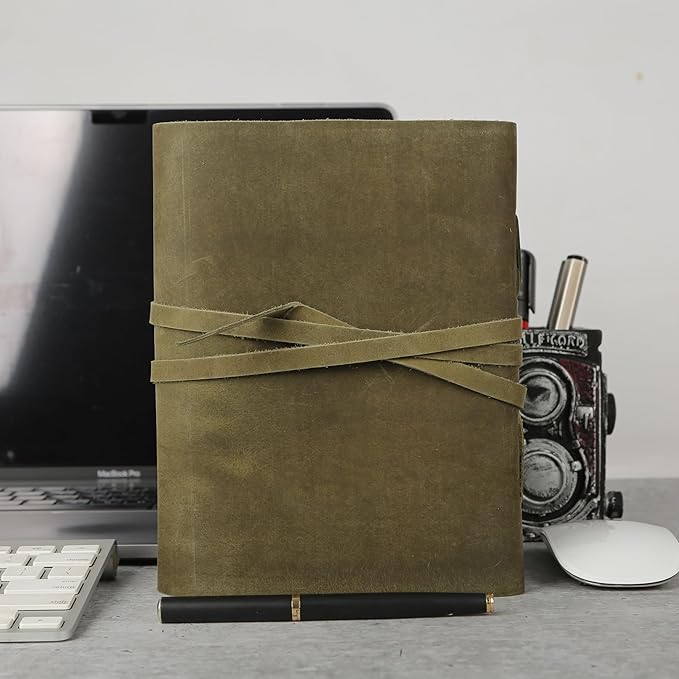 KomalC Handmade Leather Journal 8x6 Inch | Green Vintage Notebook with Unlined Paper | Cotton Recycled Paper | Antique Travel Diary, Sketchbook, Writing Journal for Men & Women