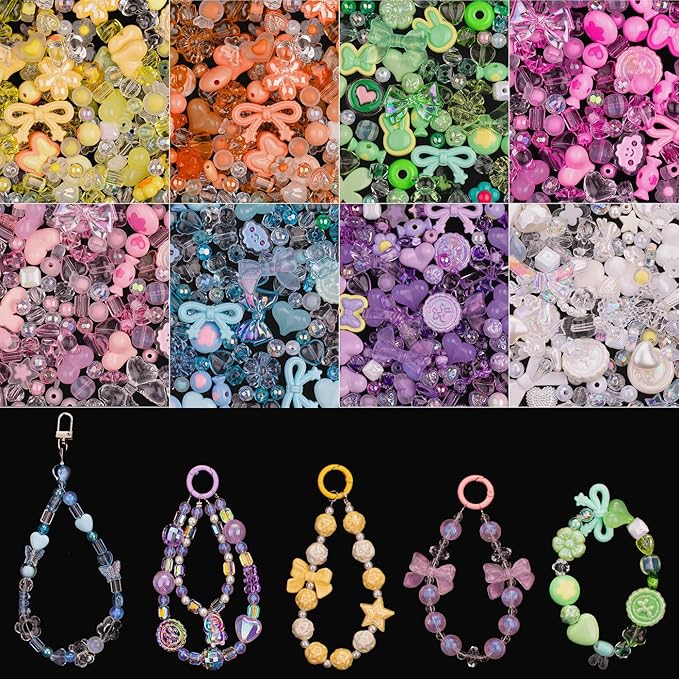 LAIDANLA 8 Color Assorted Acrylic Beads Aesthetic Random Mixed Cute Beads for Bracelets Jewelry Making, Flower Star Heart Bow Butterfly Bear Candy Bead for DIY Necklace Keychain Phone Charms 320g