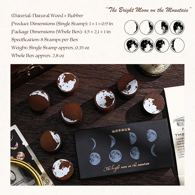 SIBLYMONA 8 Pieces Phases of The Moon Wooden Rubber Stamps Set for DIY Crafting, Decorative Wood Stamps with Moon Patterns, Reusable Rubber Stamp Kit for Scrapbooking & Card Making (Moon(8Pcs))