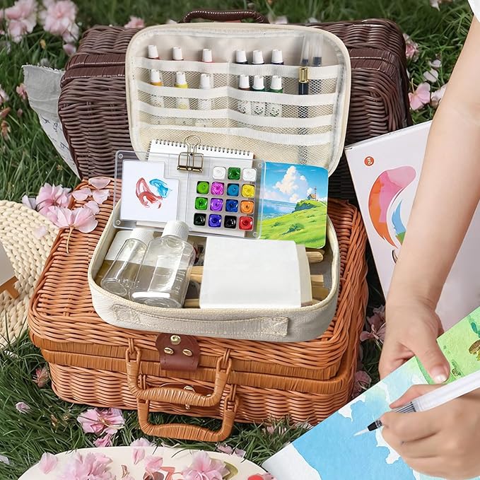 Mini Watercolor Palette Set,34Pcs Artist Watercolor Palette Travel Set with Colors,Wooden Paint Box,Brush,Holder,Oil Cup,Plastic Bottles Storage Bag for Beginners Artists Student(15 Grids)