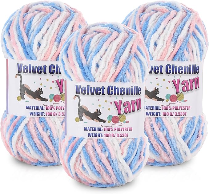 3 * 100g/3.5oz Fluffy Chenille Yarn for Crocheting, Chunky Velvet Yarn for Crochet Amigurumi, Used for Making Baby Yarns Blanket, Clothes, Pattern Knitting Creations (Colorful-E)