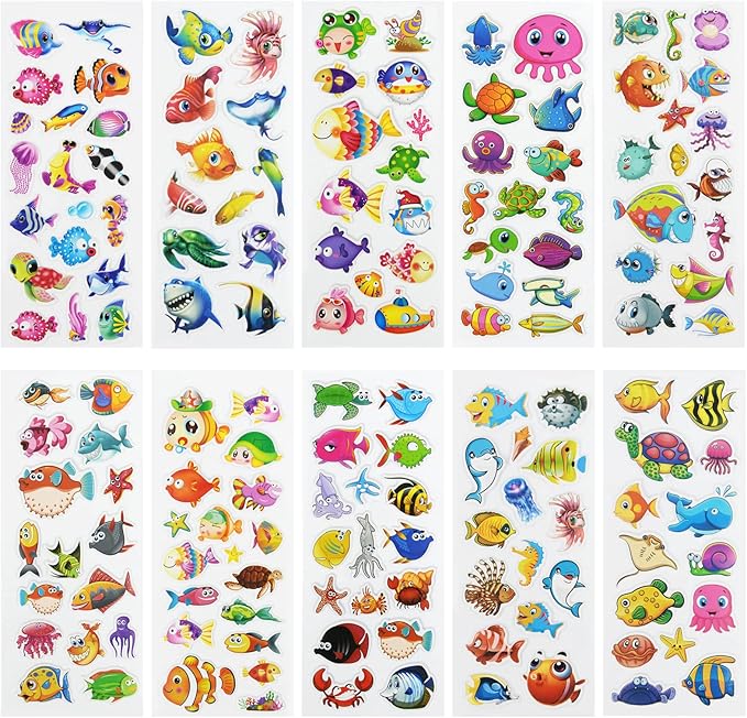 24 sheets(400+) fish 3d puffy stickers for toddlers kids, bulk preschool sticker sheets for reward, craft, scrapbooking
