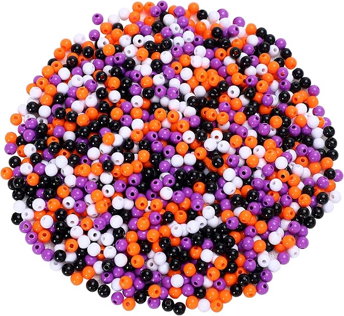 UPINS 1500 Pcs Halloween Beads for Jewelry Making Bracelets Crafts 6mm Halloween Spacer Hair Pony Beads Round Plastic Small Charms Orange Purple Black White DIY for Necklace Supplies