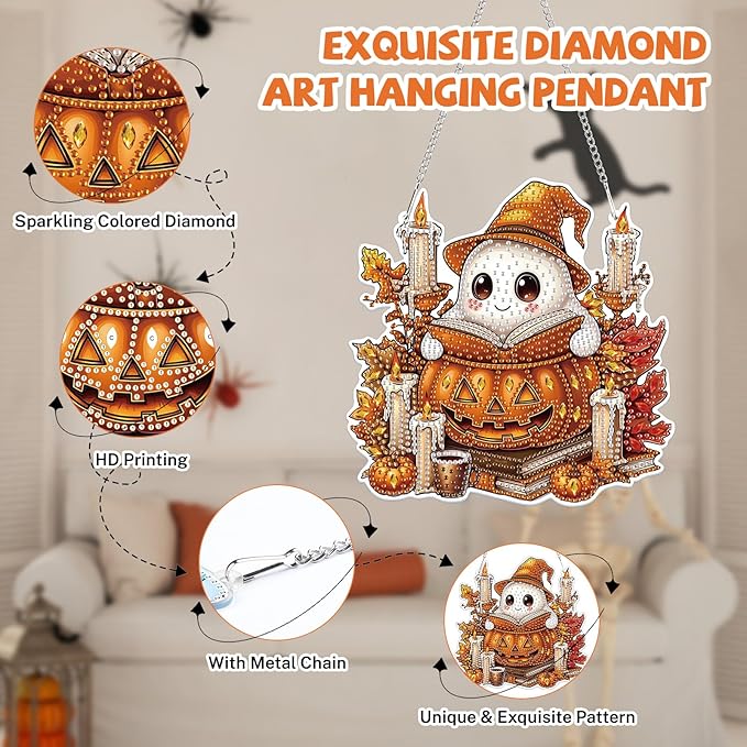 Bowetile Halloween Diamond Art Hanging Kits for Adults, Ghost Diamond Art Suncatchers, 5D Special Shape Diamond Painting Pendant Window Ornament Halloween Gifts for Home Door Wall Decor