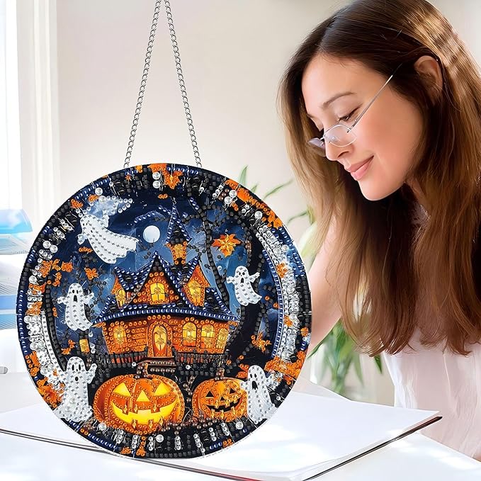 Pavemlo Hanging Diamond Art Kits for Adults Halloween Ghost – 8x8 Inch Double-Sided Acrylic Board DIY Crystal Diamond Suncatcher Pendant, Sparkling Home Wall or Window Decoration Handmade Gift