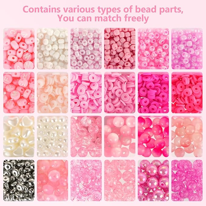 Miss Rabbit Pink Clay Beads Bracelet Making Kit,3500Pcs Valentines Beads,Friendship Bracelet Kit for Jewelry Making with 6 Kinds of Unique Glass Seed Bead