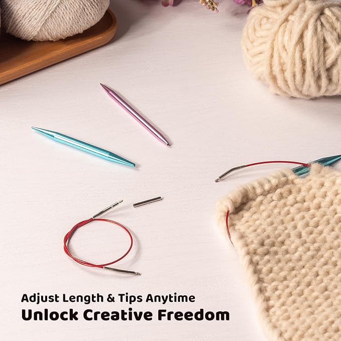 Ruidi Interchangeable Aluminum Circular Knitting Needles Set - 13 Pairs of 4 Inch (10cm) Needles with 4 Cables, Needle Holders & Leather Bag - Perfect for Smooth Knitting & Versatile Projects